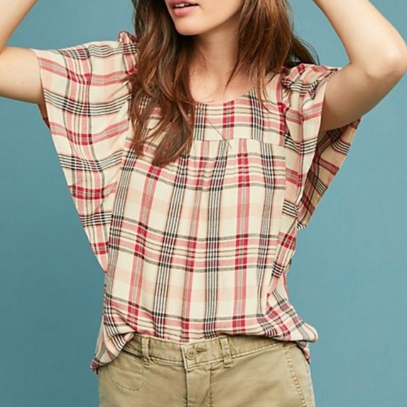 Maeve Tops - Maeve by Anthropologie XL Priscilla Plaid Flutter Sleeve Keyhole Back